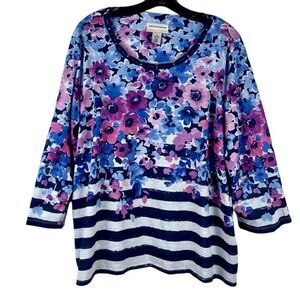 Alfred Dunner Picture Perfect Somen's Flowers and Stripes Knit Top 2X